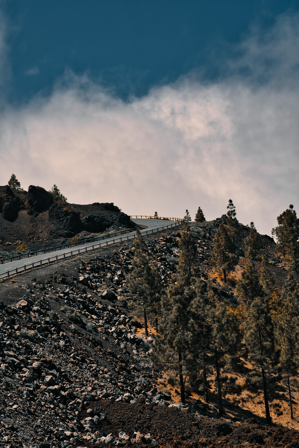 a train traveling down the tracks on a cloudy day