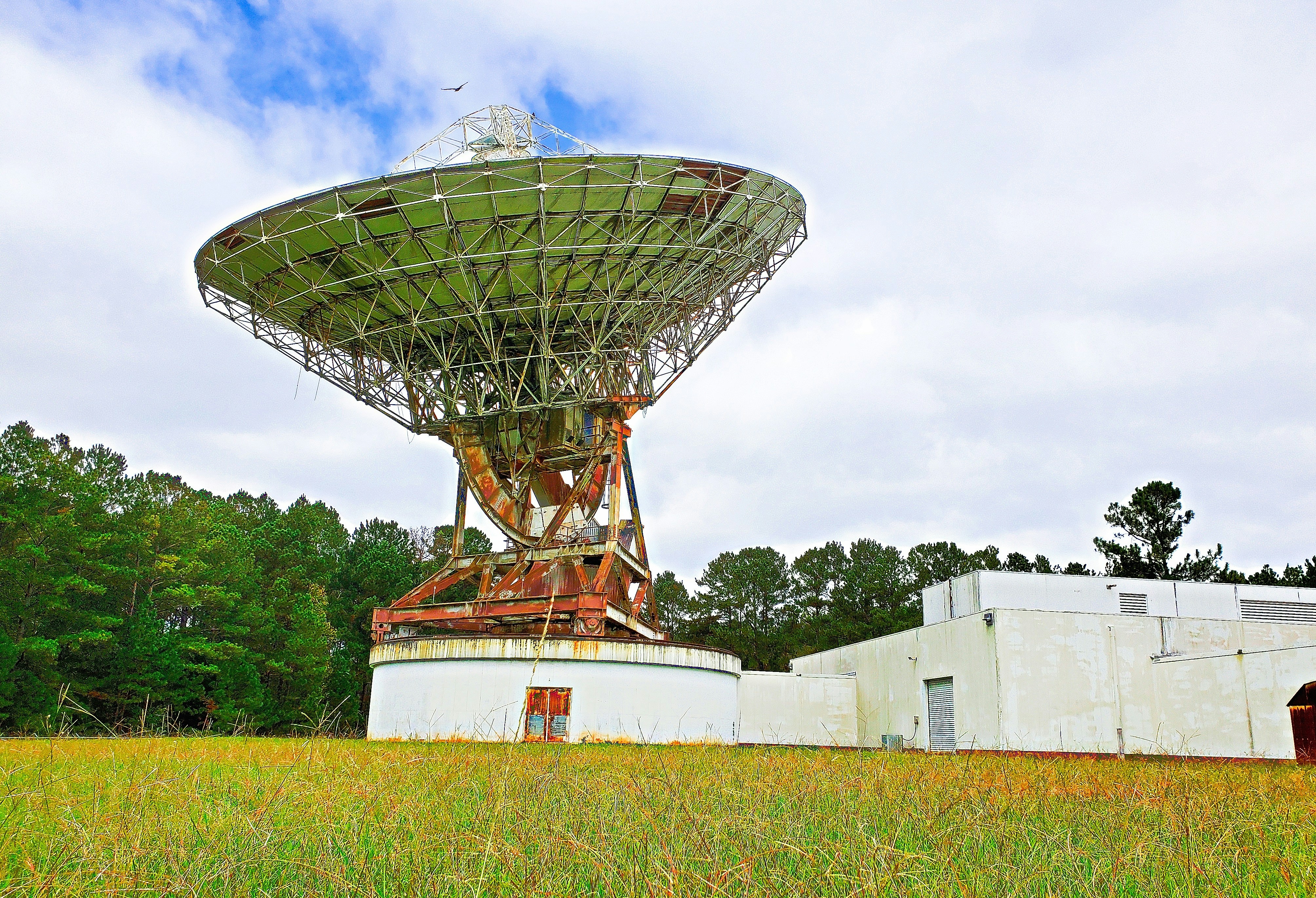 a large satellite dish sitting on top of a lush green field