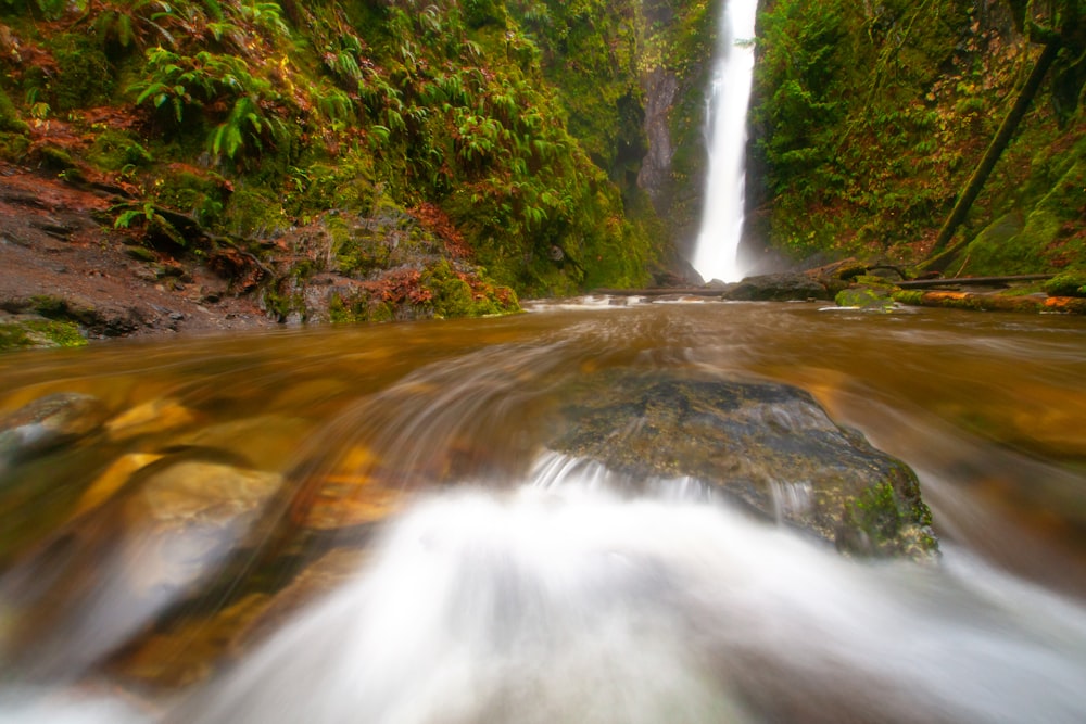 Eine Langzeitbelichtungsaufnahme eines Wasserfalls im Wald