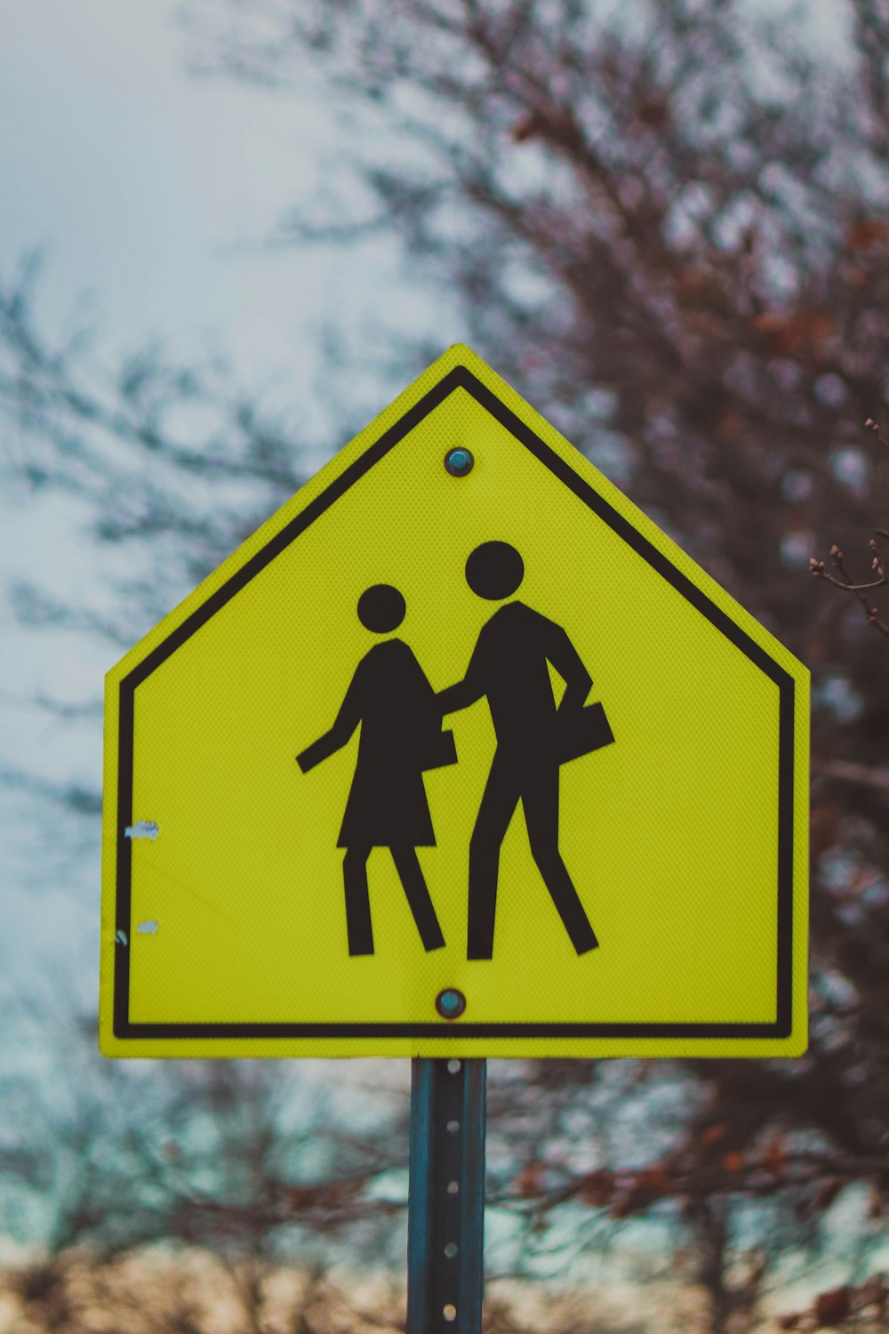 a yellow pedestrian crossing sign with a tree in the background