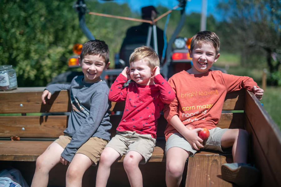 Three smiling boys riding in a wagon outdoors