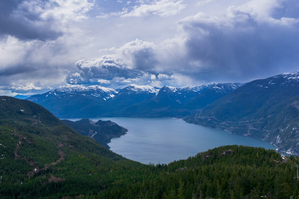 a scenic view of a lake surrounded by mountains