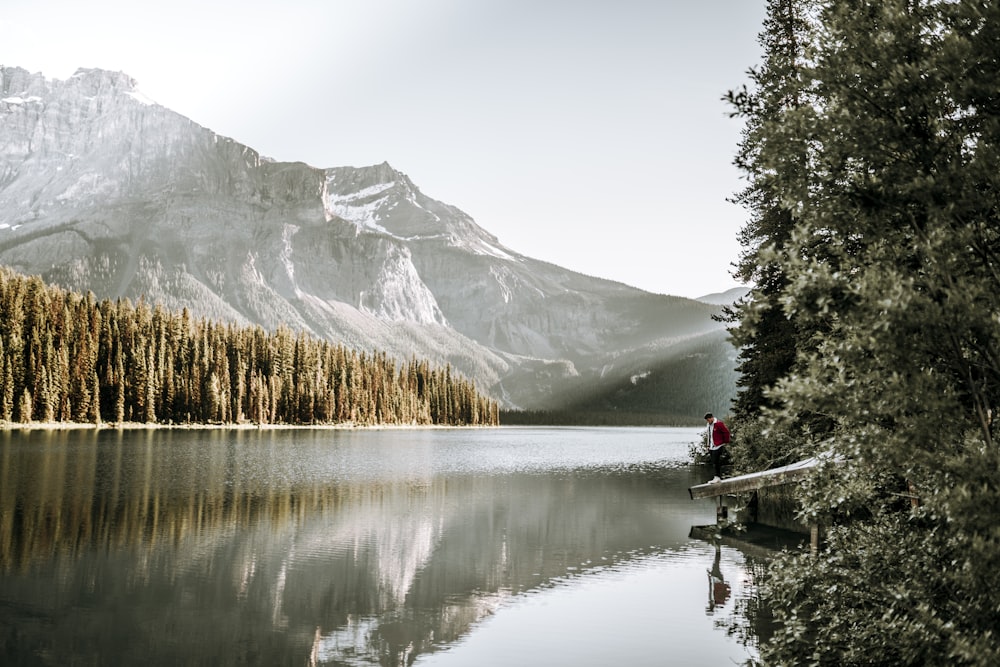 a person sitting on a bench next to a body of water