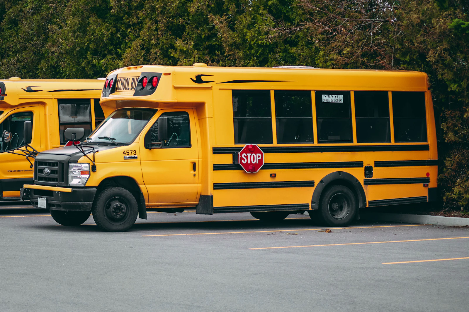 Two yellow school buses parked side by side