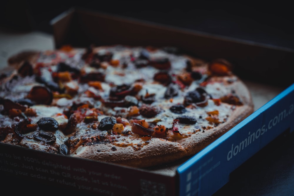 a close up of a pizza in a box