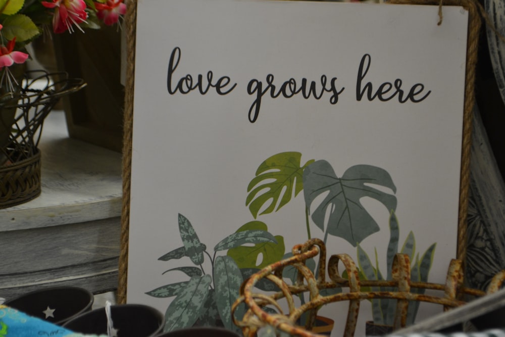 a sign that says love grows here next to potted plants