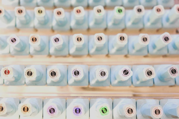 A neat row of Biosystems reagent bottles with clear labels on a clean lab shelf.