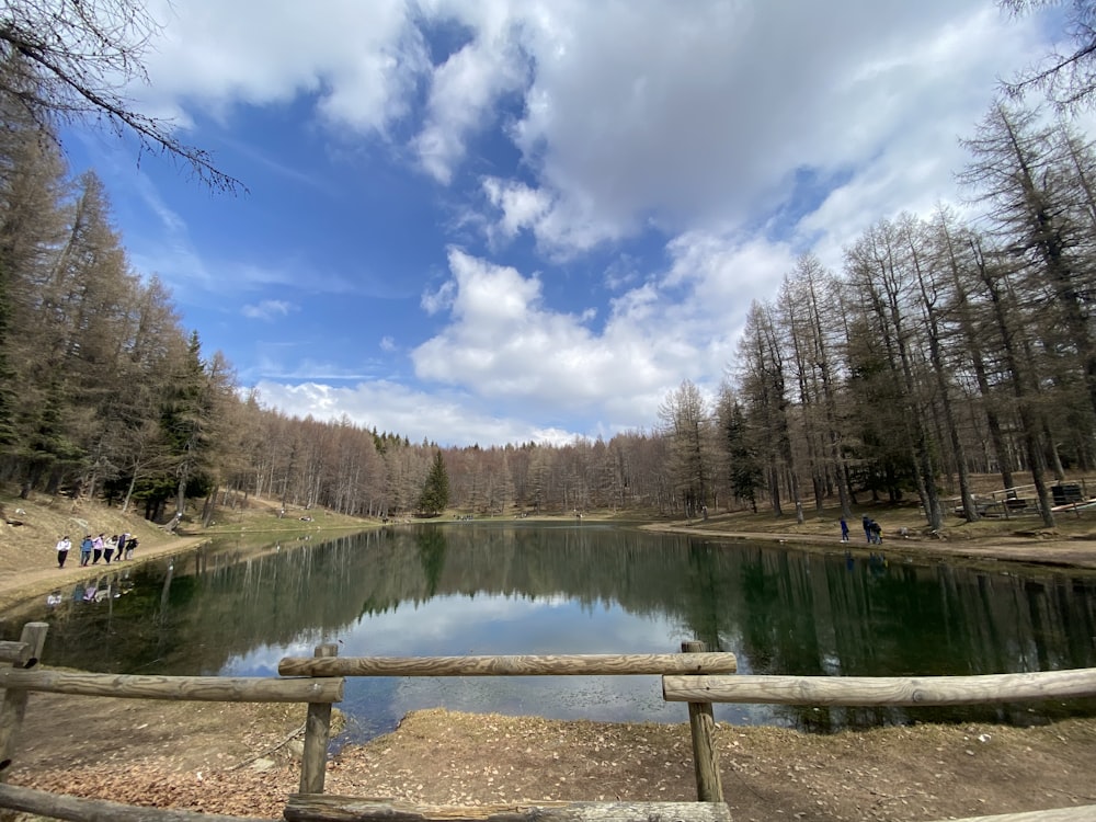 a lake surrounded by trees and a wooden fence