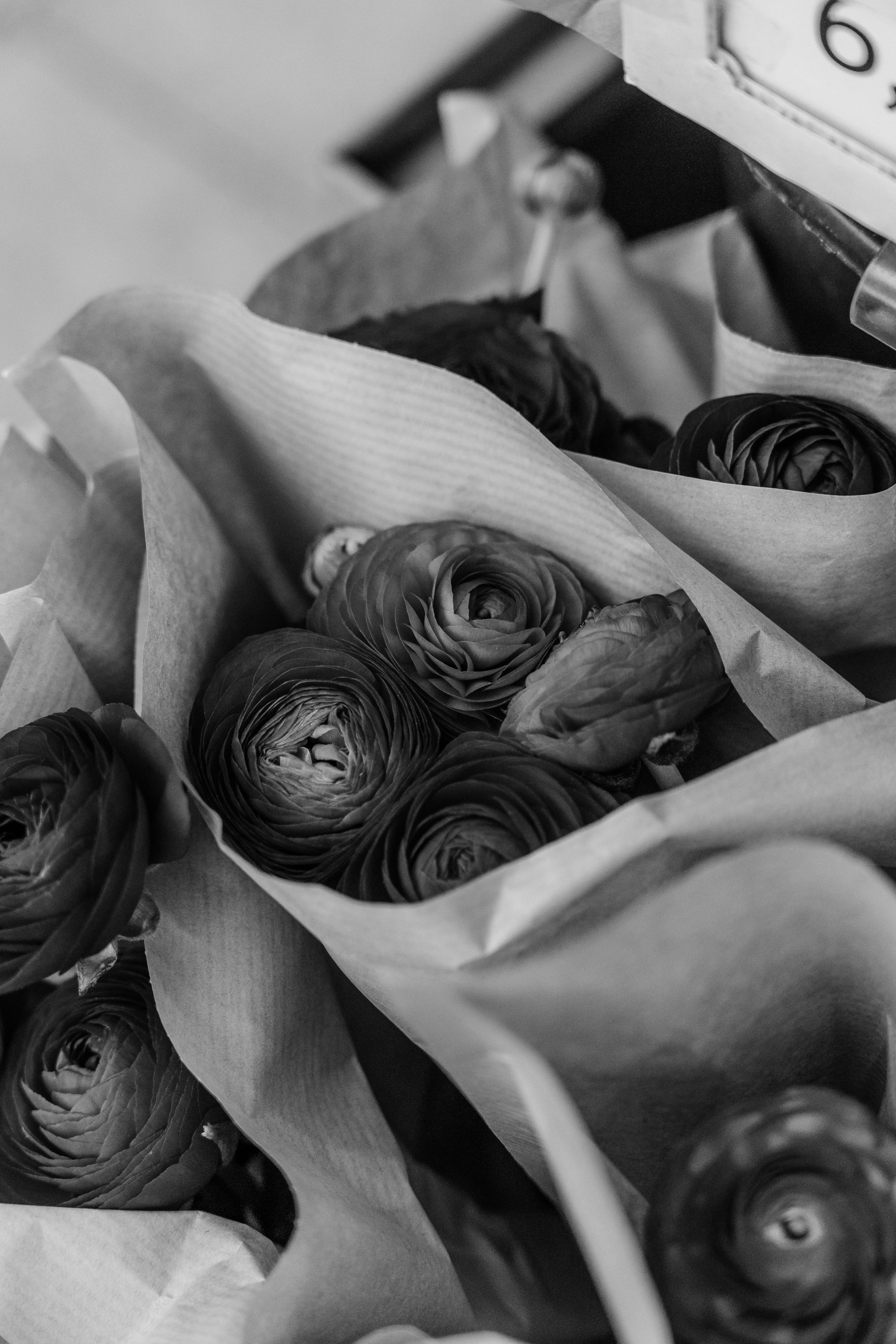 black and white photograph of a bouquet of flowers