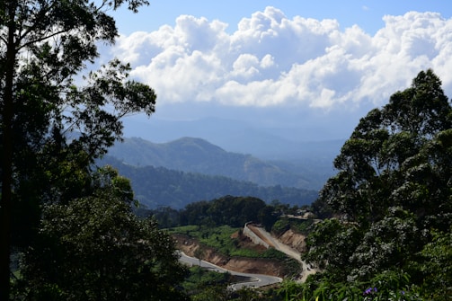 A scenic view of a winding road through lush mountains.