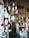 A collection of white plaster busts and sculptures displayed on shelves and a spiral staircase. Among them are various heads in classical style, some featuring hair and facial details, others more simplified. There are flowers placed on some of the sculptures, adding a touch of color. The setting appears to be an art studio or workshop with a rustic, artistic atmosphere.
