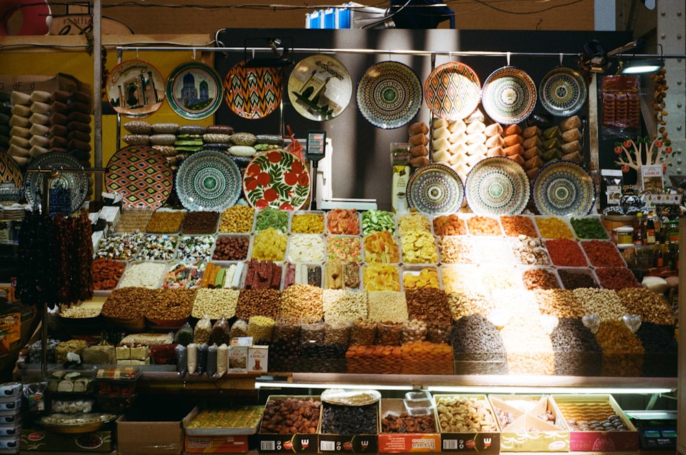 a large display of food in a store