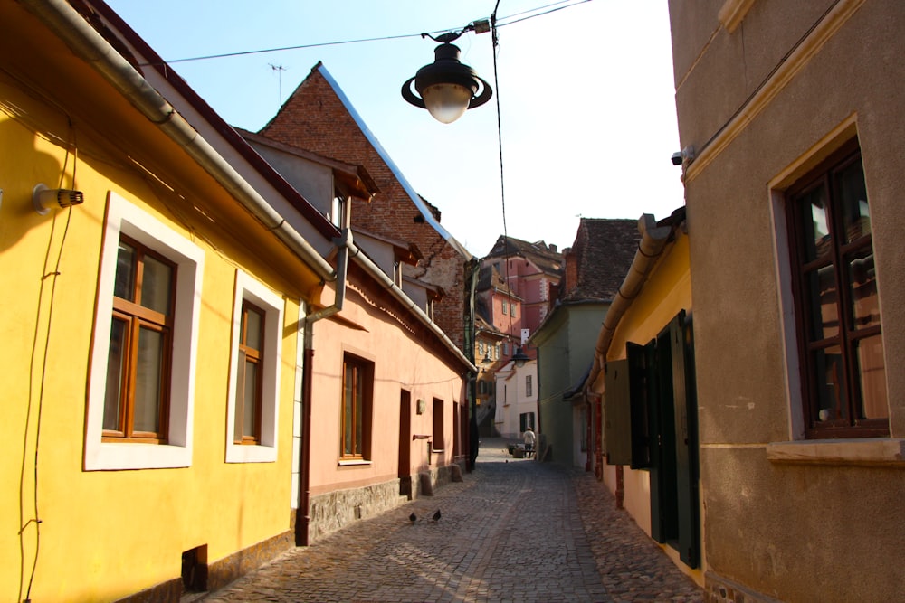 a cobblestone street in a small town