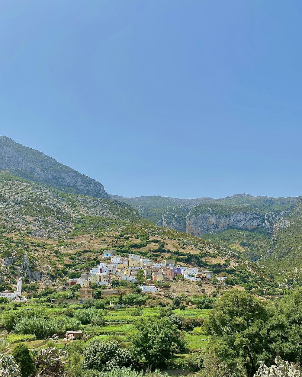 a scenic view of a village in the mountains