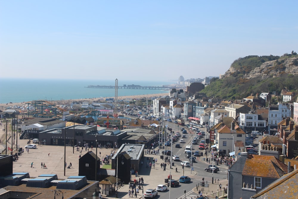 a view of a city with a beach in the background