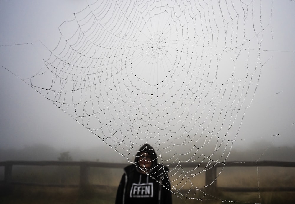 a person standing in front of a spider web