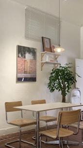A minimalist dining area with a wooden table and contemporary chairs