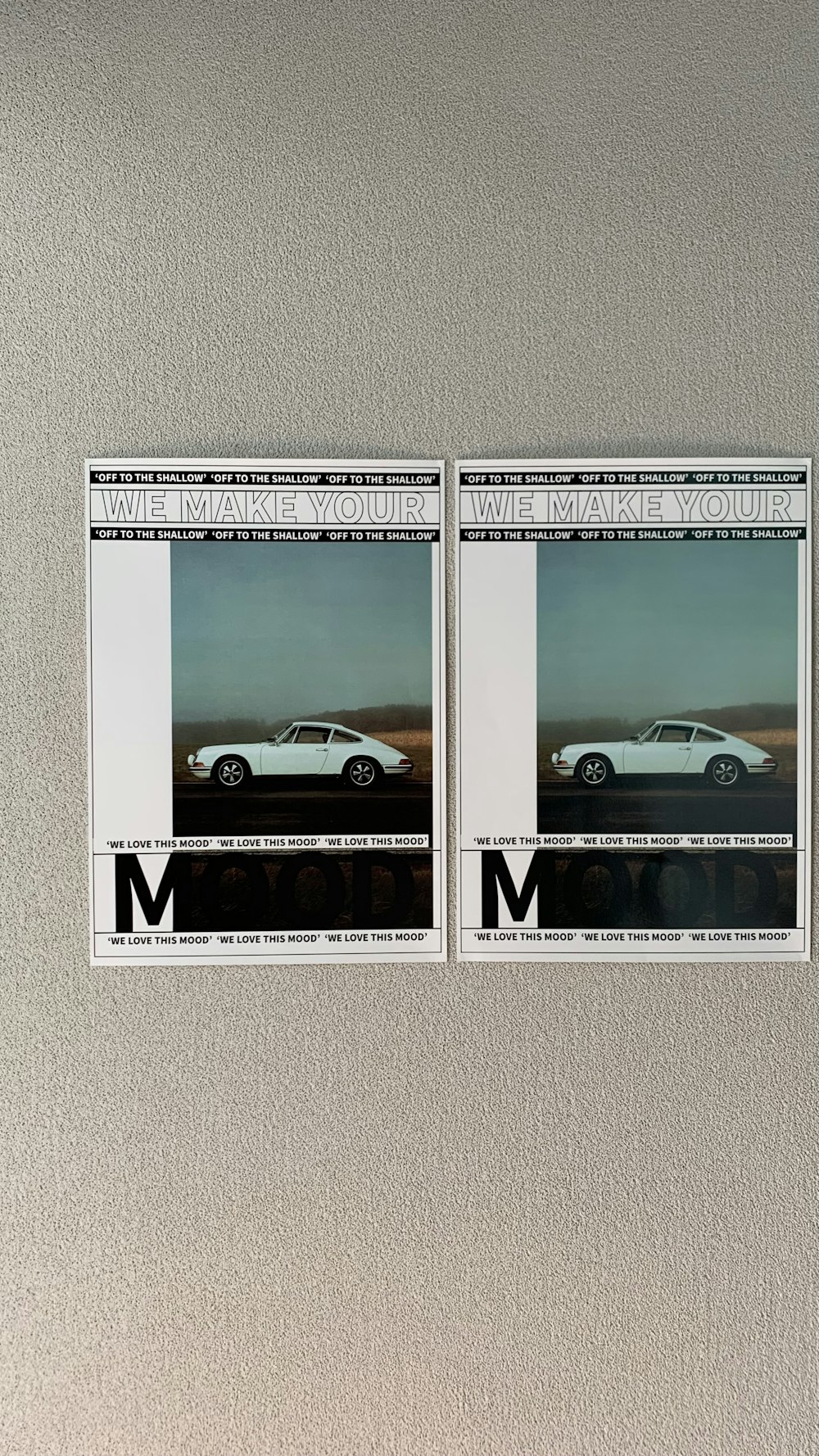 two photographs of a car on a wall