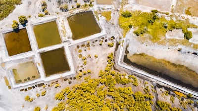 An aerial view of a landscape featuring rectangular ponds filled with water in varying shades. Surrounding the ponds, there is a mixture of sandy and vegetated terrain, with clusters of green-yellow foliage sporadically distributed. The ponds appear organized and possibly man-made.