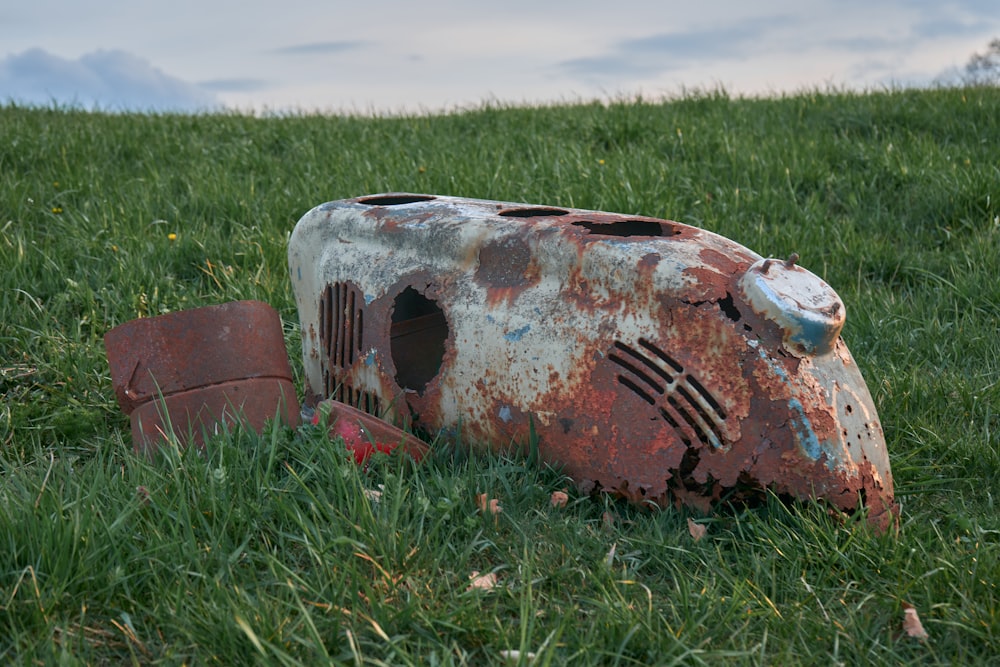 a rusted out object laying in the grass
