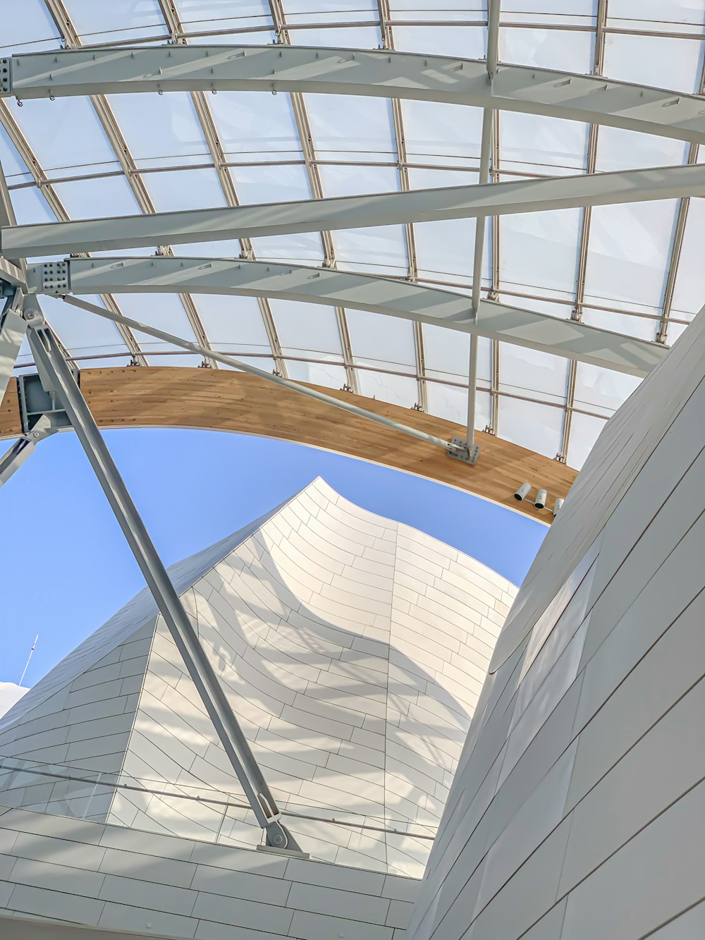 a view of the roof of a building from below