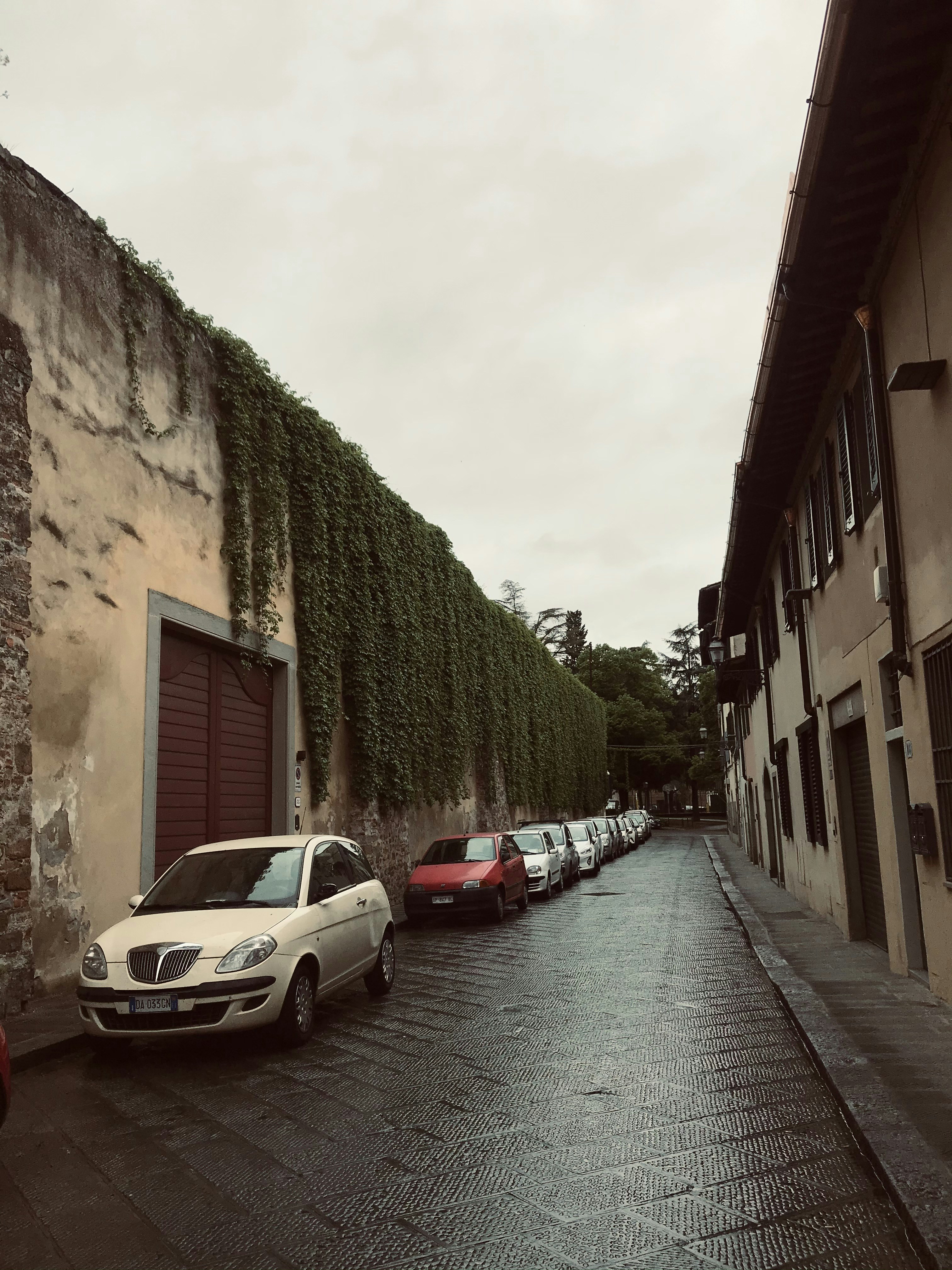 a row of parked cars sitting next to a tall building