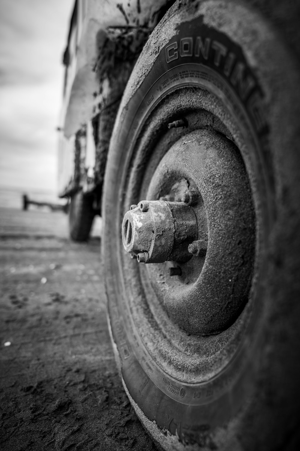 a close up of a tire on a truck