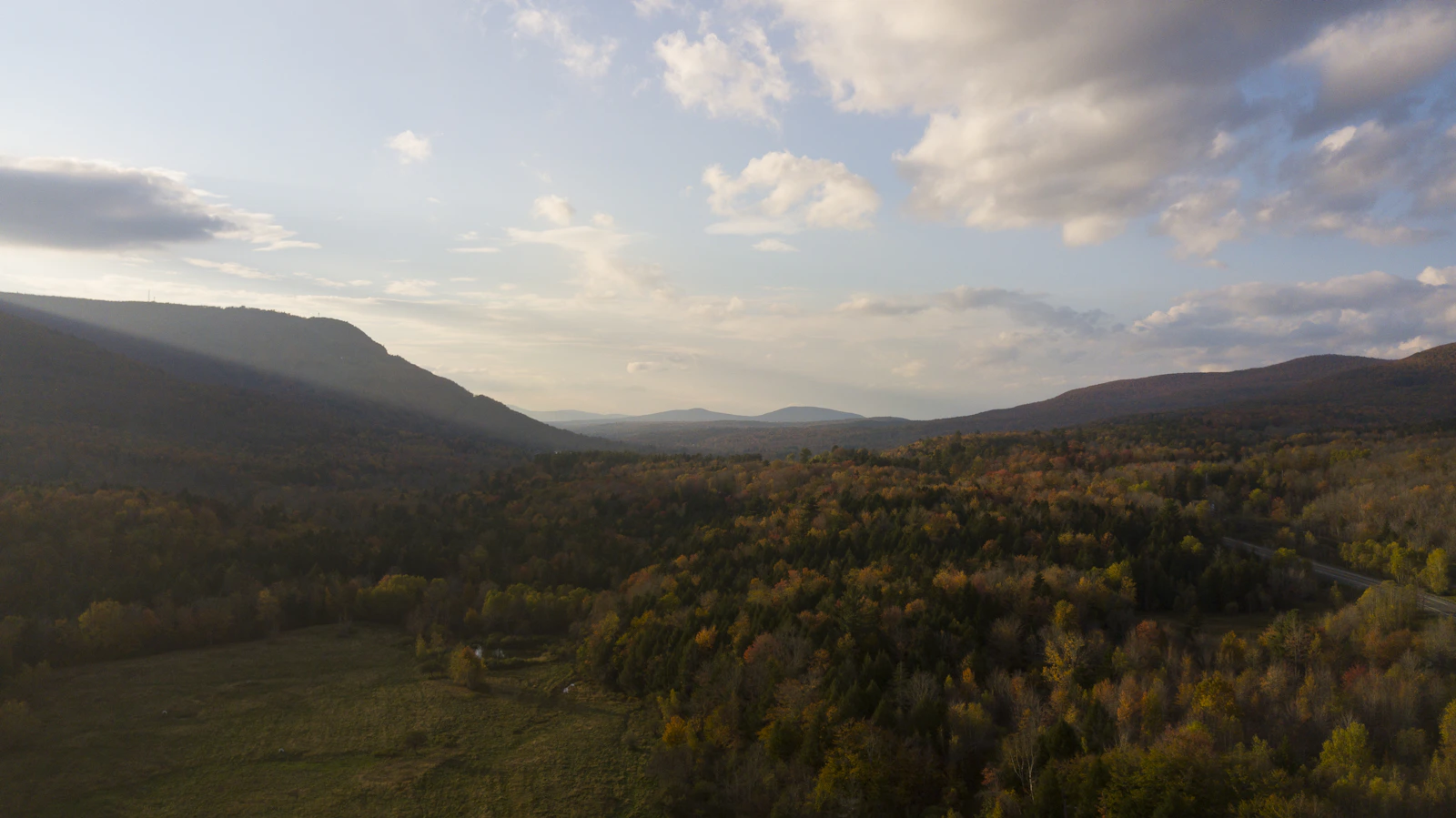 Aerial view of forested Catskill Mountains near Hunter, New York