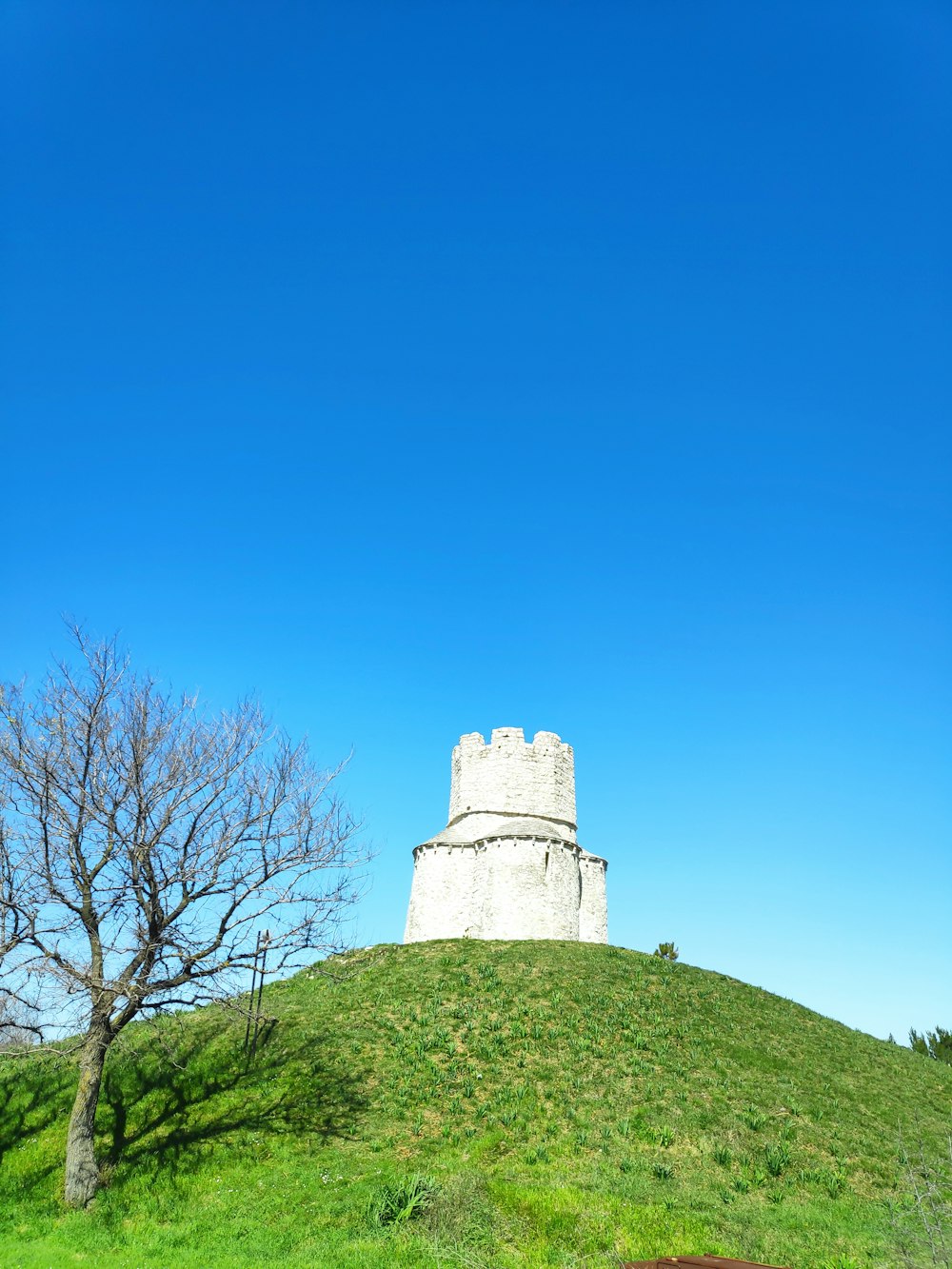 a large white tower sitting on top of a lush green hillside