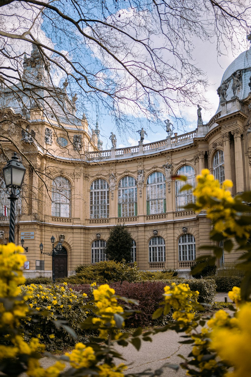 a large building with a lot of windows and yellow flowers in front of it