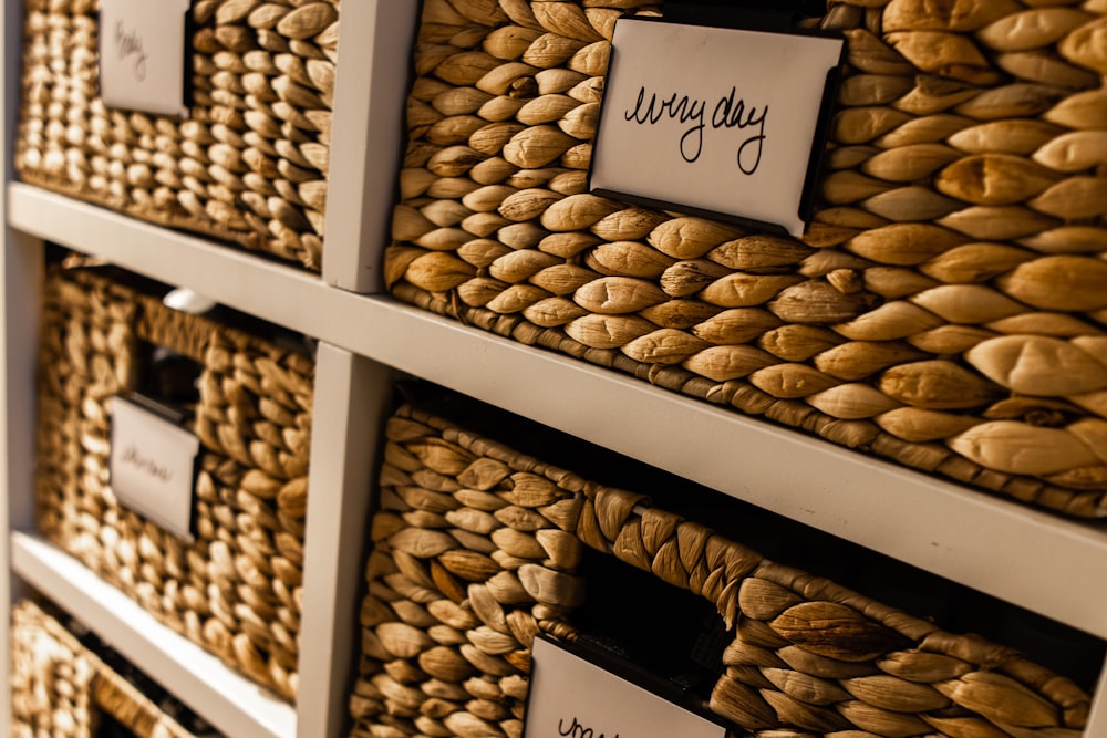 a close up of a bunch of drawers with labels on them