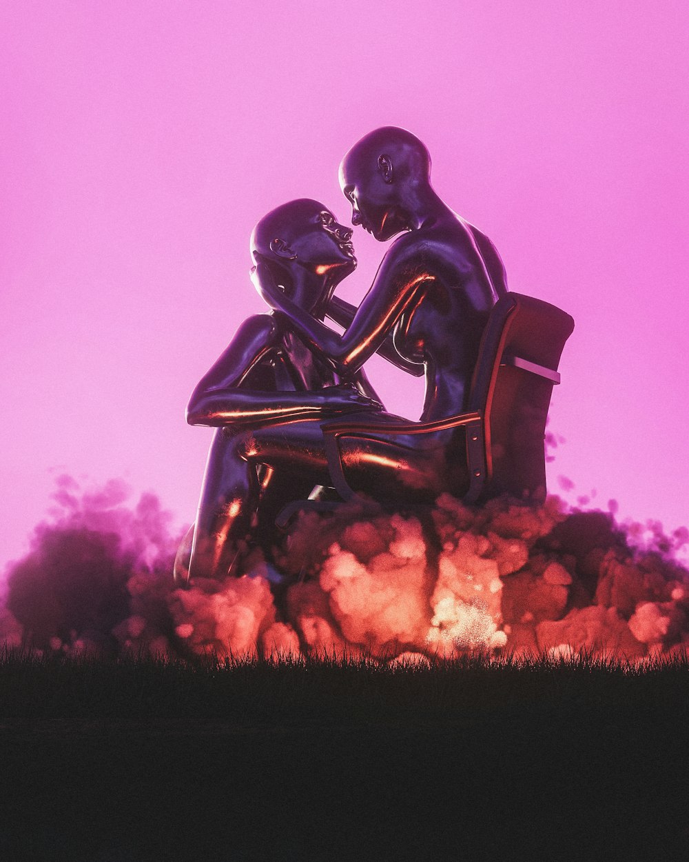 a couple of statues sitting on top of a chair