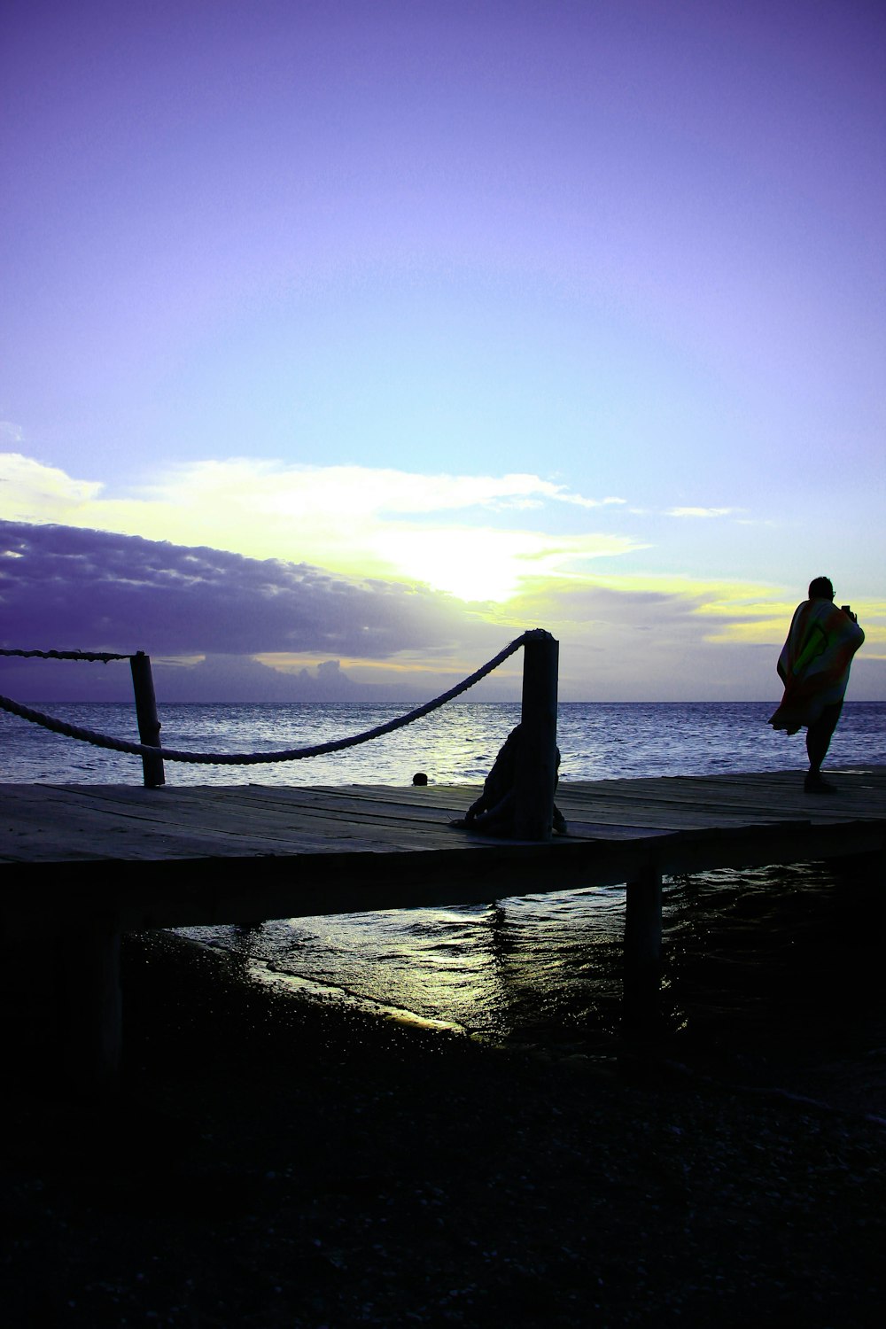 a person standing on a dock with a surfboard