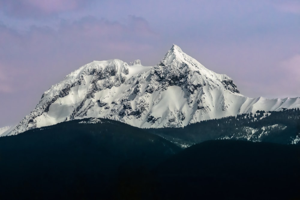 a mountain covered in snow under a cloudy sky