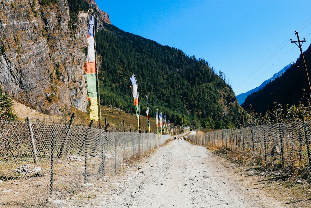 a dirt road with a fence and a mountain in the background