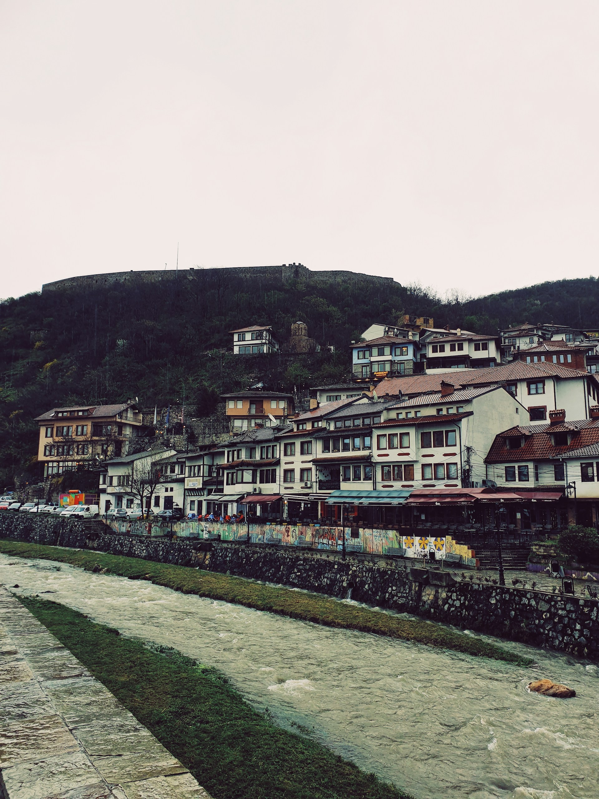 a river running through a city next to a hillside