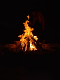 A campfire burning brightly in the dark, surrounded by stones, with a person visible in the background, partially illuminated by the firelight.