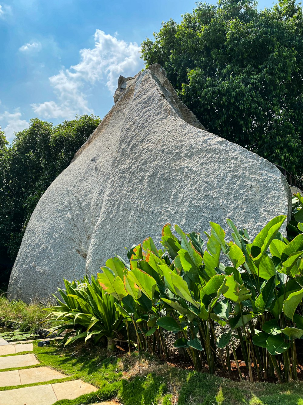 a large rock in the middle of a garden