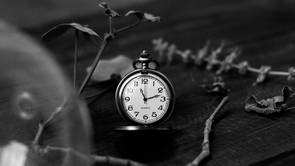 a black and white photo of a pocket watch