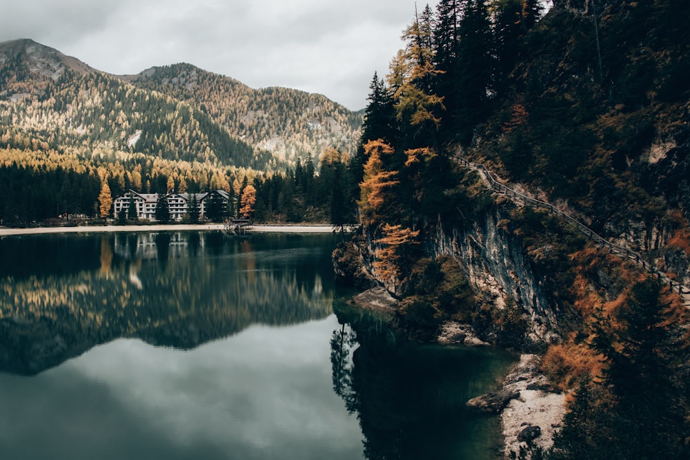 a body of water surrounded by mountains and trees