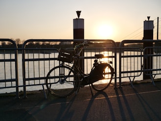 A close-up of a sleek, black killer bike leaning against a rustic wooden fence at sunset.