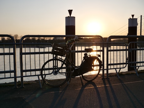 A close-up of a sleek, black killer bike leaning against a rustic wooden fence at sunset.