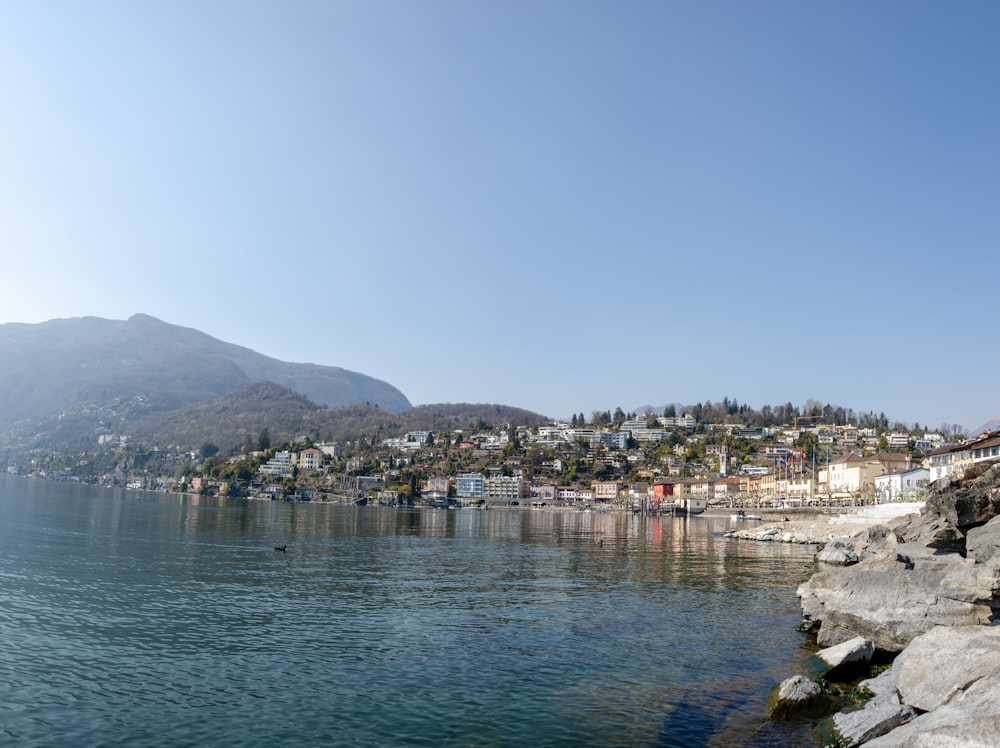 a body of water with a small town in the background