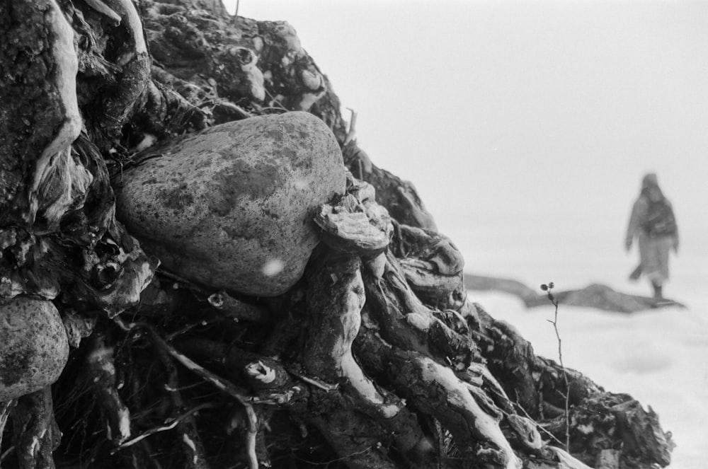 a black and white photo of a person walking on a beach