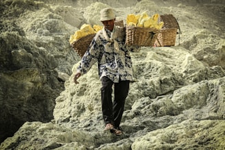 a man carrying a basket of bananas on top of a mountain