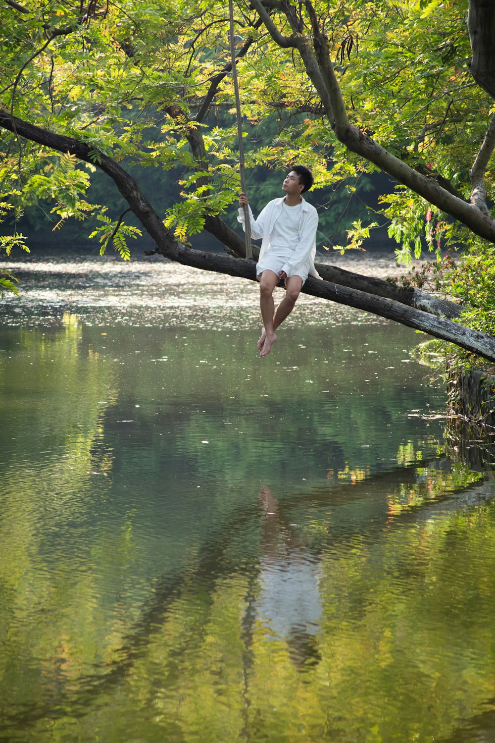 a woman sitting on a tree branch over a body of water
