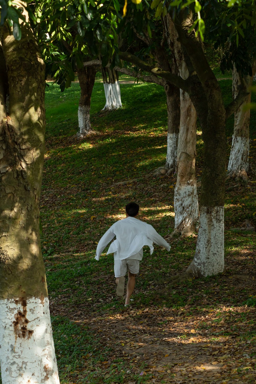 a man walking through a park next to trees