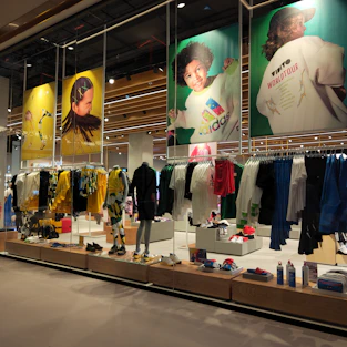 A vibrant sports store interior with shelves full of colorful athletic gear and enthusiastic customers trying out equipment.