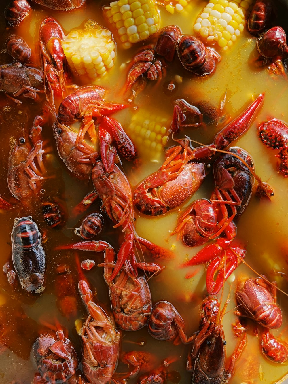 crawfish, corn, and corn on the cob in a pot of