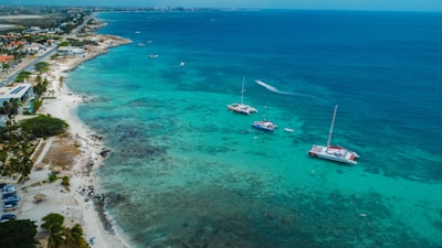 Aerial view of a coastline with turquoise water, featuring three catamarans anchored near the shore. The sandy beach is lined with palm trees and a few parked cars. Residential buildings and a road run parallel to the shoreline.